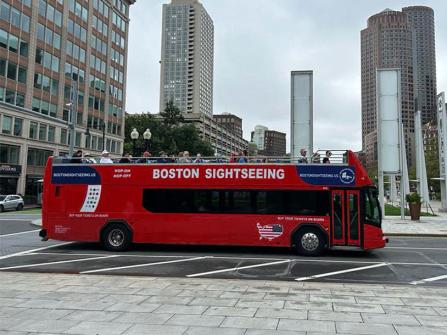 Boston Sightseeing Double Decker bus at State House