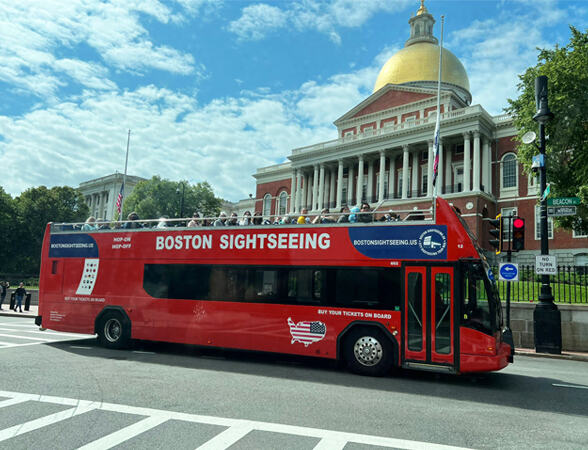 Boston Sightseeing Double Decker bus at State House