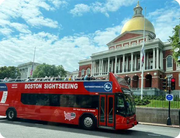Boston Sightseeing Double Decker bus at State House