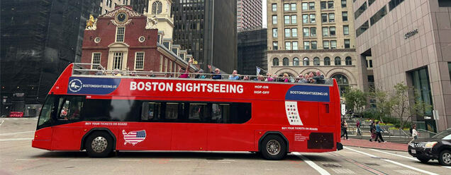 Boston Sightseeing Double Decker bus at Old Sate House